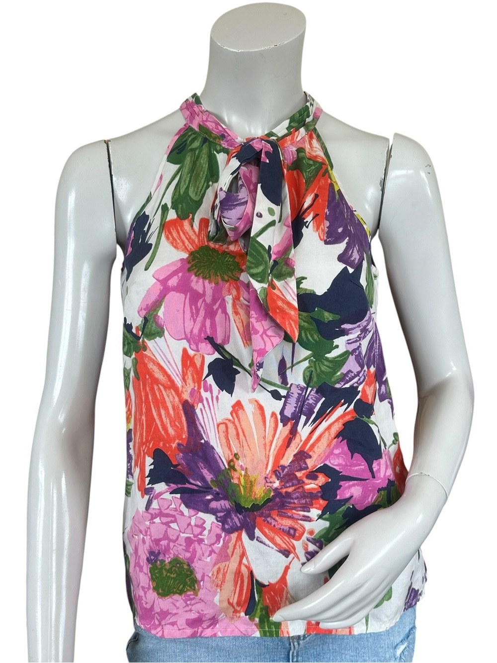 J. Crew White Multicolor Floral High Tie Neck Sleeveless 100% Silk Blouse 00